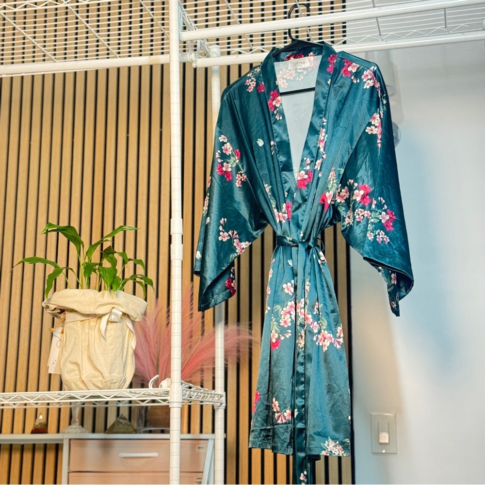 Floral Satin Robe - Teal